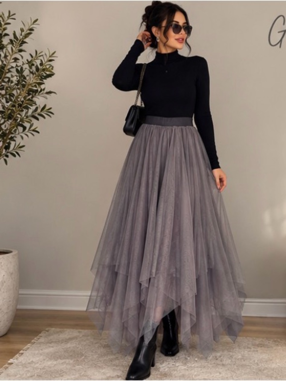 Elegant Gray Layered Tulle Maxi Skirt - Women's Skirt